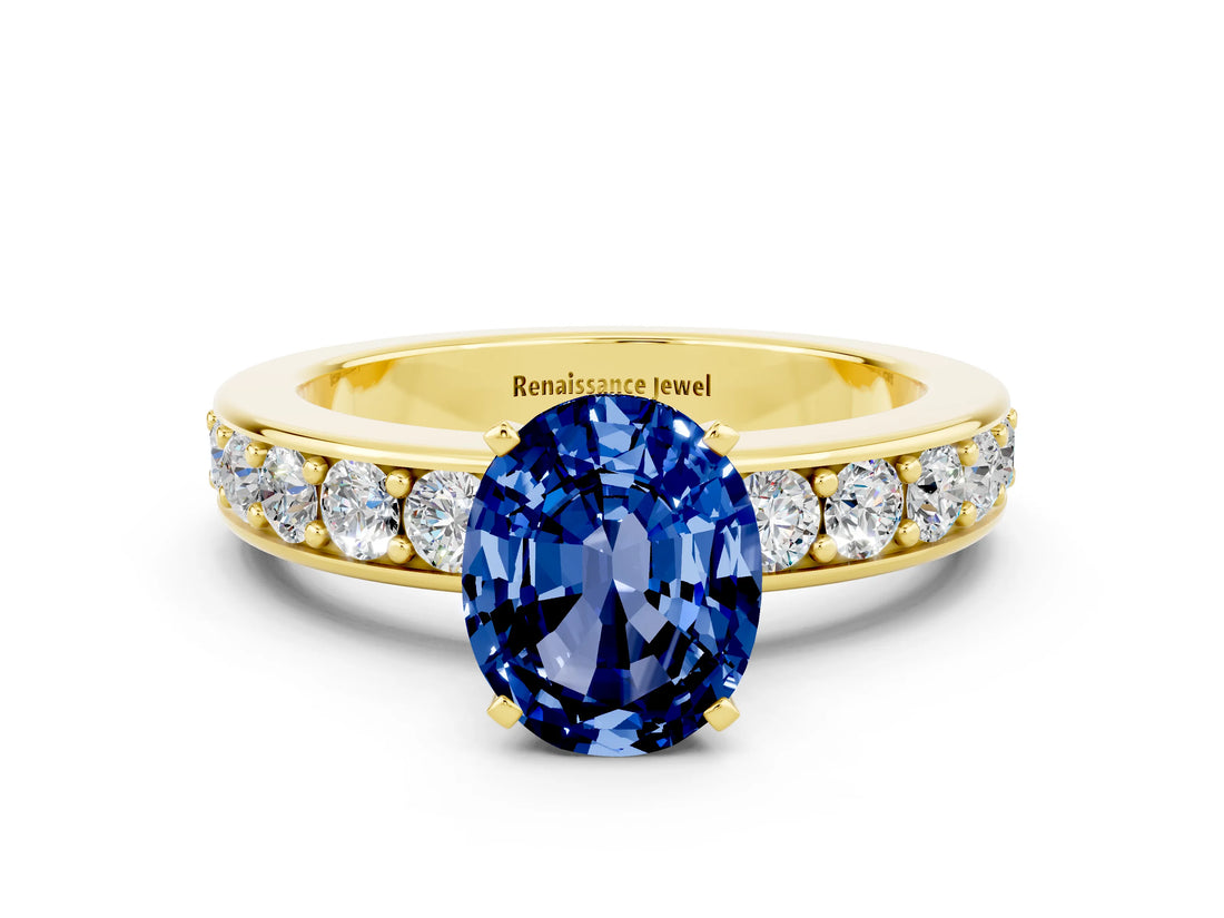 Yellow gold Oval Cut Cut Channel Set Diamond Engagement Ring with Four-Prong Setting