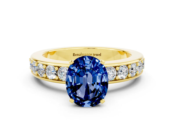Yellow gold Oval Cut Blue Sapphire Engagement Ring with Channel Set Round  Band and Prong Setting