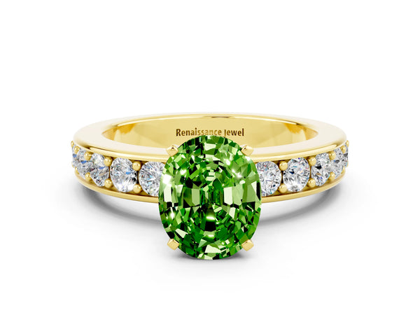 Yellow gold Oval Cut Peridot Engagement Ring with Channel Set Round  Band and Prong Setting