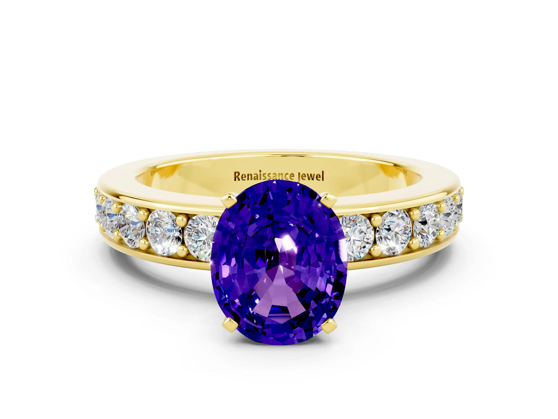 Yellow gold Oval Cut Cut Channel Set Diamond Engagement Ring with Four-Prong Setting