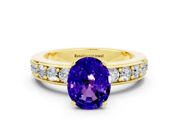 Yellow gold Oval Cut Tanzanite Engagement Ring with Channel Set Round  Band and Prong Setting