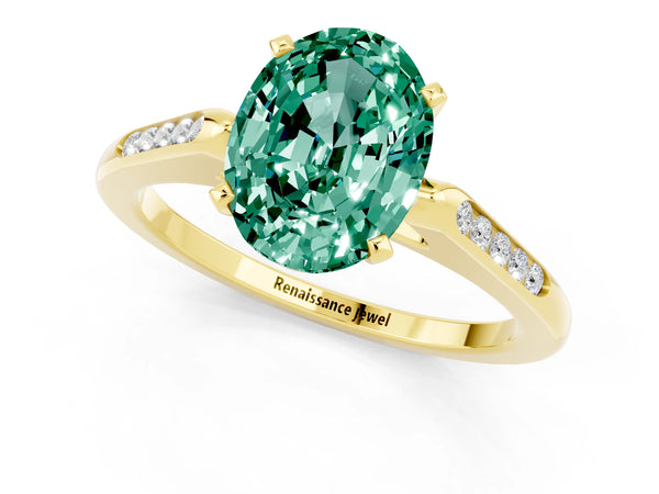 Yellow gold Oval Cut Green Sapphire Solitaire Ring with Channel Set Round Band and Prong Setting