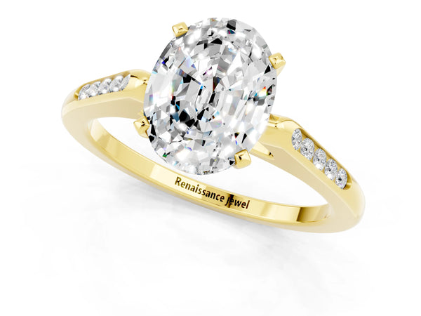 Yellow gold Oval Cut Moissanite Solitaire Ring with Channel Set Round Band and Prong Setting