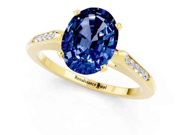Yellow gold Oval Cut Blue Sapphire Solitaire Ring with Channel Set Round Band and Prong Setting