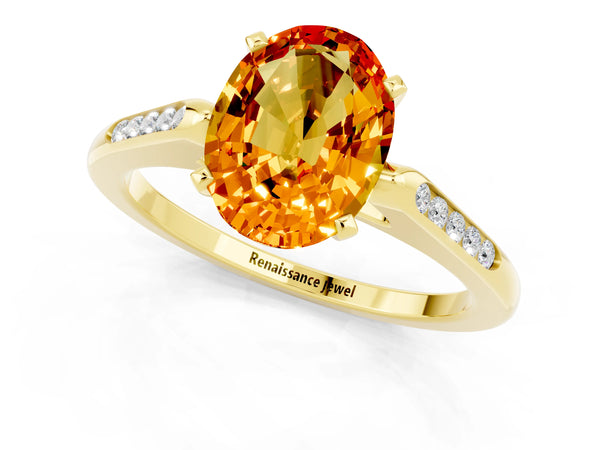 Yellow gold Oval Cut Citrine Solitaire Ring with Channel Set Round Band and Prong Setting