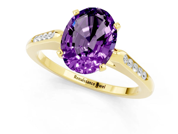 Yellow gold Oval Cut Amethyst Solitaire Ring with Channel Set Round Band and Prong Setting