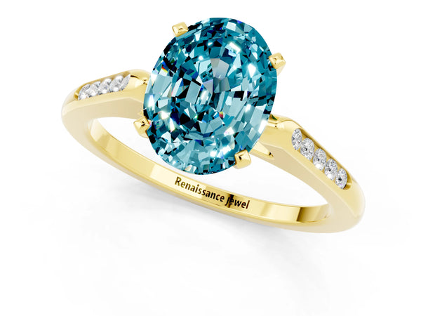 Yellow gold Oval Cut Blue Topaz Solitaire Ring with Channel Set Round Band and Prong Setting