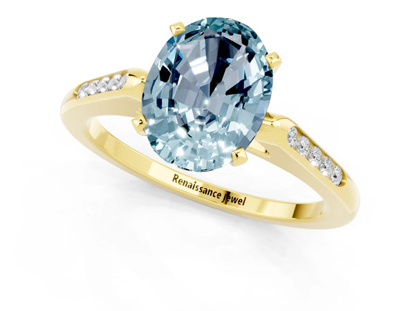 Yellow gold Oval Cut Aquamarine Solitaire Ring with Channel Set Round Band and Prong Setting