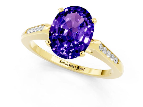 Yellow gold Oval Cut Tanzanite Solitaire Ring with Channel Set Round Band and Prong Setting
