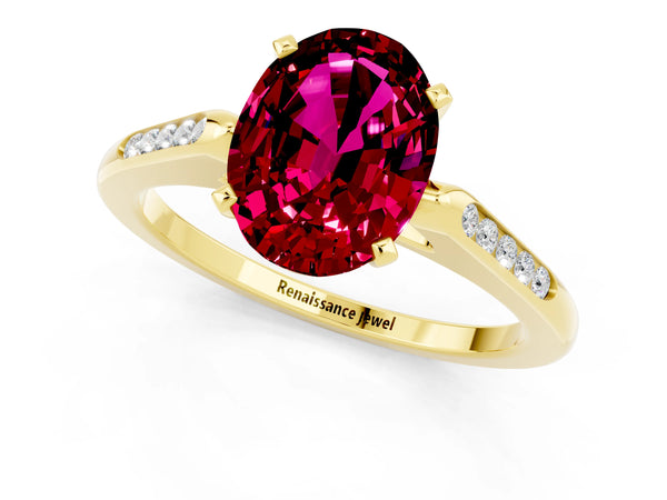 Yellow gold Oval Cut Garnet Solitaire Ring with Channel Set Round Band and Prong Setting