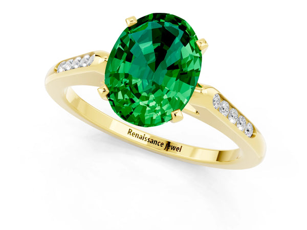 Yellow gold Oval Cut Emerald Solitaire Ring with Channel Set Round Band and Prong Setting