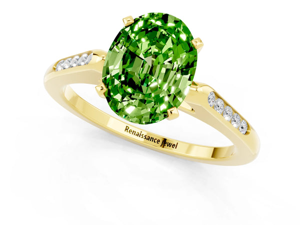 Yellow gold Oval Cut Peridot Solitaire Ring with Channel Set Round Band and Prong Setting