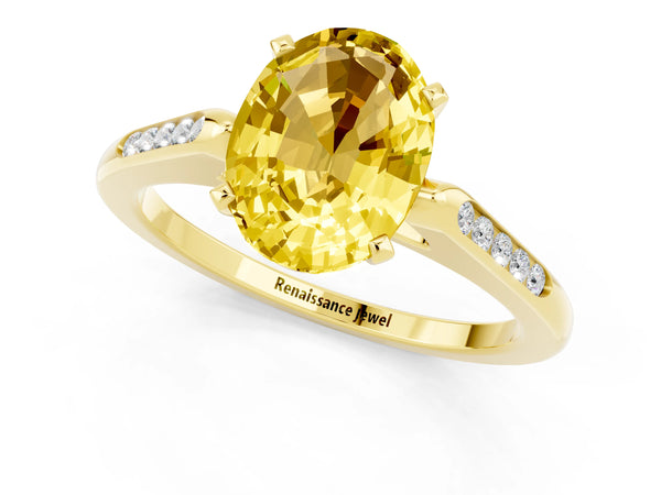 Yellow gold Oval Cut Yellow Sapphire Solitaire Ring with Channel Set Round Band and Prong Setting