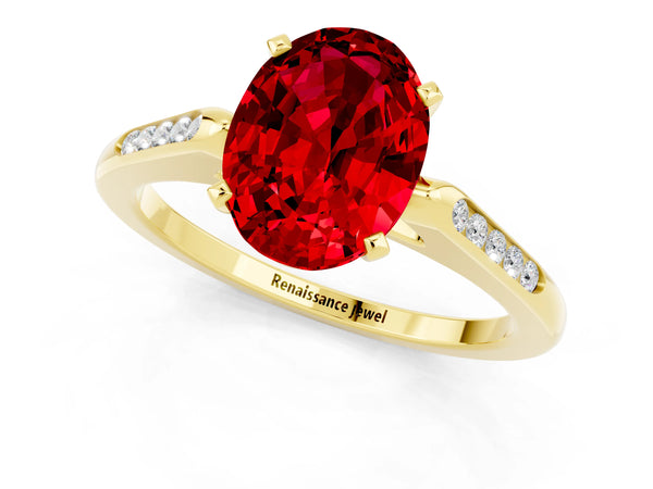 Yellow gold Oval Cut Ruby Solitaire Ring with Channel Set Round Band and Prong Setting