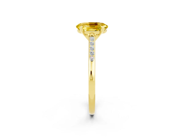 Yellow gold Oval Cut Yellow Sapphire Solitaire Ring with Channel Set Round Band and Prong Setting