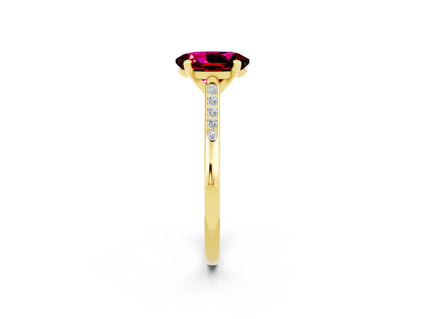 Yellow gold Oval Cut Garnet Solitaire Ring with Channel Set Round Band and Prong Setting