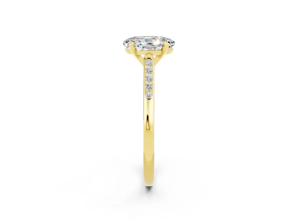 Yellow gold Oval Cut Moissanite Solitaire Ring with Channel Set Round Band and Prong Setting