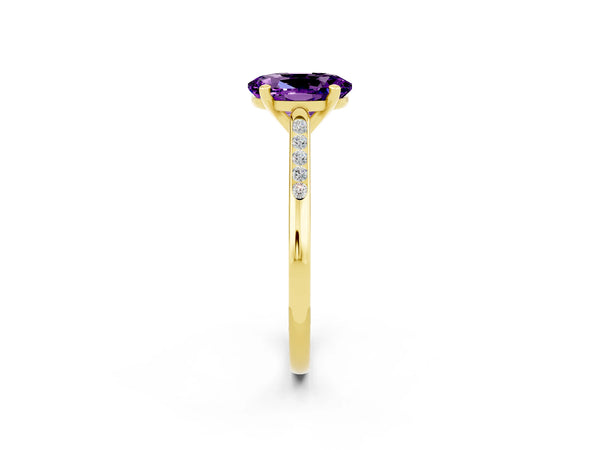 Yellow gold Oval Cut Amethyst Solitaire Ring with Channel Set Round Band and Prong Setting