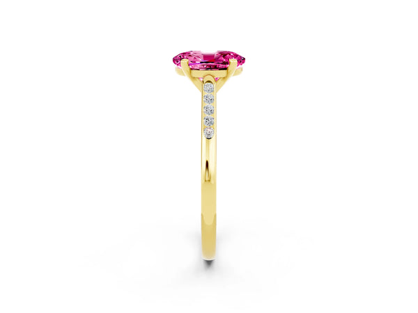 Yellow gold Oval Cut Pink Sapphire Solitaire Ring with Channel Set Round Band and Prong Setting