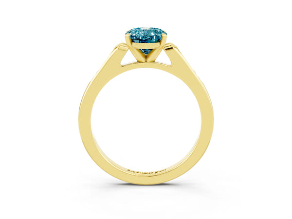 Yellow gold Oval Cut Blue Topaz Solitaire Ring with Channel Set Round Band and Prong Setting
