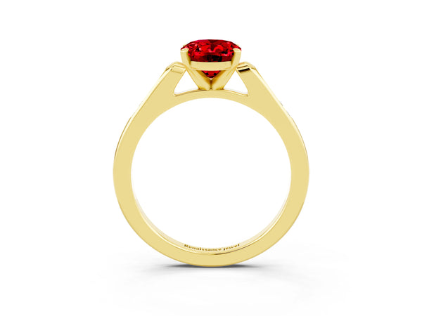 Yellow gold Oval Cut Ruby Solitaire Ring with Channel Set Round Band and Prong Setting