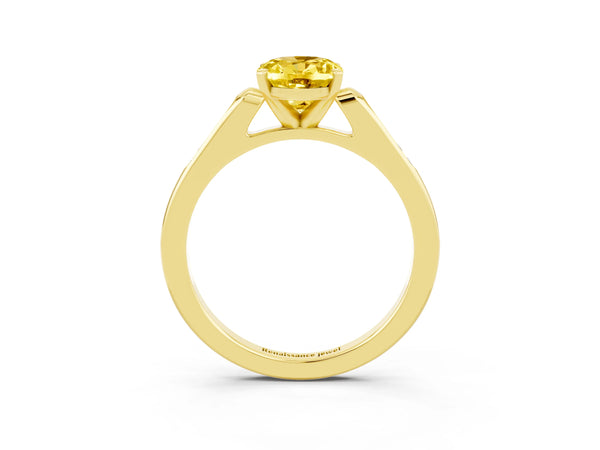 Yellow gold Oval Cut Yellow Sapphire Solitaire Ring with Channel Set Round Band and Prong Setting