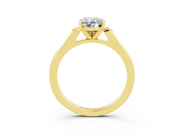 Yellow gold Oval Cut Moissanite Solitaire Ring with Channel Set Round Band and Prong Setting