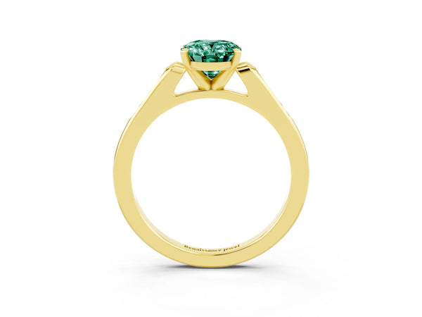 Yellow gold Oval Cut Green Sapphire Solitaire Ring with Channel Set Round Band and Prong Setting