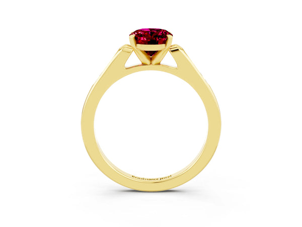 Yellow gold Oval Cut Garnet Solitaire Ring with Channel Set Round Band and Prong Setting