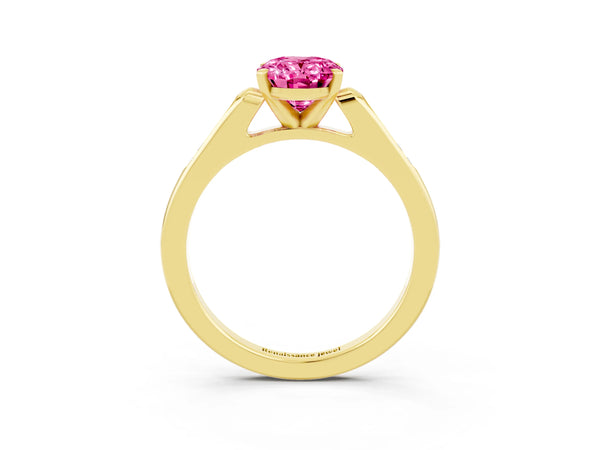 Yellow gold Oval Cut Pink Sapphire Solitaire Ring with Channel Set Round Band and Prong Setting