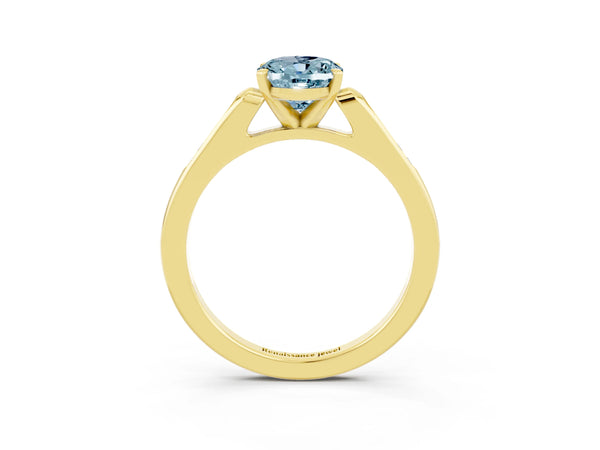 Yellow gold Oval Cut Aquamarine Solitaire Ring with Channel Set Round Band and Prong Setting