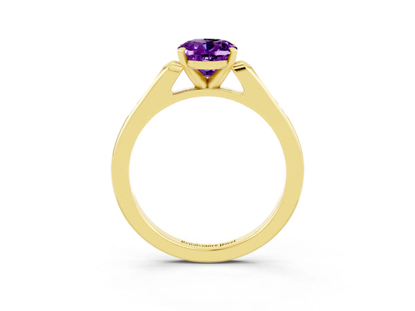 Yellow gold Oval Cut Amethyst Solitaire Ring with Channel Set Round Band and Prong Setting