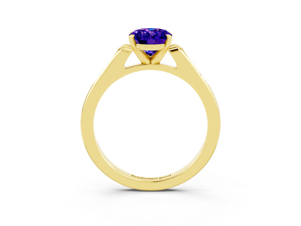 Yellow gold Oval Cut Tanzanite Solitaire Ring with Channel Set Round Band and Prong Setting