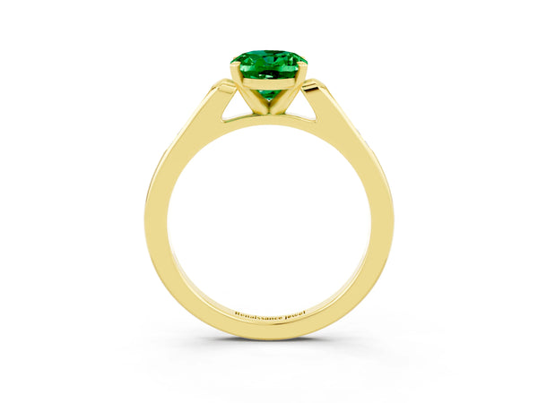 Yellow gold Oval Cut Emerald Solitaire Ring with Channel Set Round Band and Prong Setting