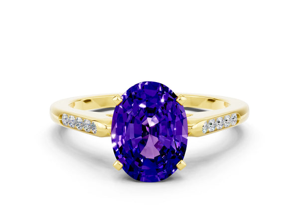 Yellow gold Oval Cut Tanzanite Solitaire Ring with Channel Set Round Band and Prong Setting