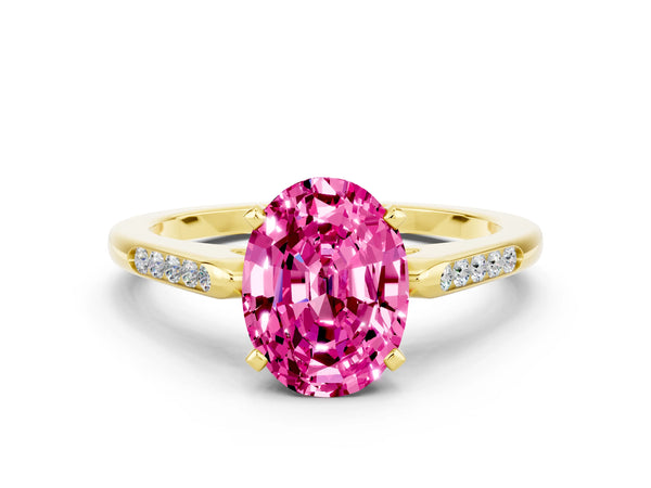 Yellow gold Oval Cut Pink Sapphire Solitaire Ring with Channel Set Round Band and Prong Setting