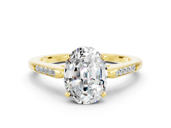 Yellow gold Oval Cut Moissanite Solitaire Ring with Channel Set Round Band and Prong Setting