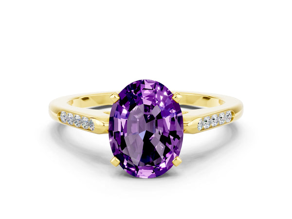 Yellow gold Oval Cut Amethyst Solitaire Ring with Channel Set Round Band and Prong Setting