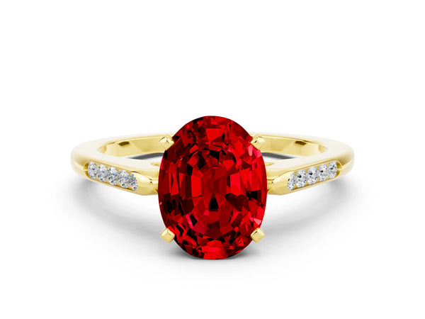 Yellow gold Oval Cut Ruby Solitaire Ring with Channel Set Round Band and Prong Setting