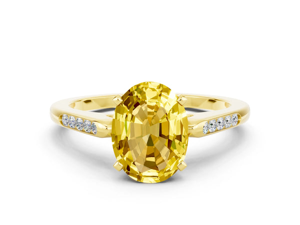 Yellow gold Oval Cut Yellow Sapphire Solitaire Ring with Channel Set Round Band and Prong Setting