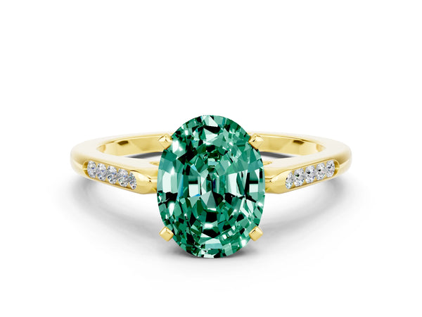 Yellow gold Oval Cut Green Sapphire Solitaire Ring with Channel Set Round Band and Prong Setting