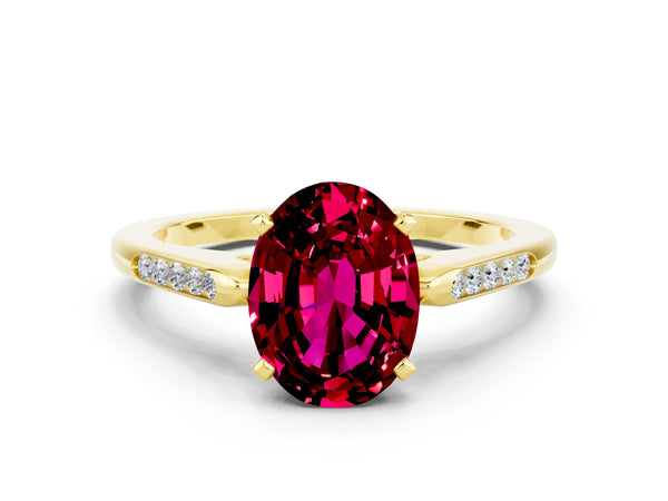 Yellow gold Oval Cut Garnet Solitaire Ring with Channel Set Round Band and Prong Setting