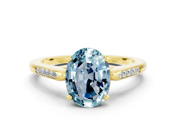 Yellow gold Oval Cut Aquamarine Solitaire Ring with Channel Set Round Band and Prong Setting