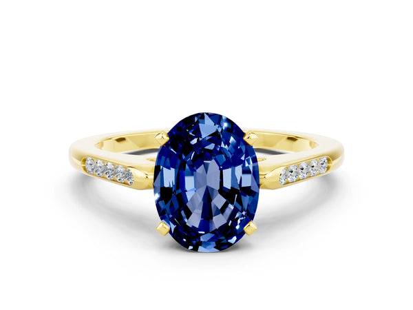 Yellow gold Oval Cut Blue Sapphire Solitaire Ring with Channel Set Round Band and Prong Setting