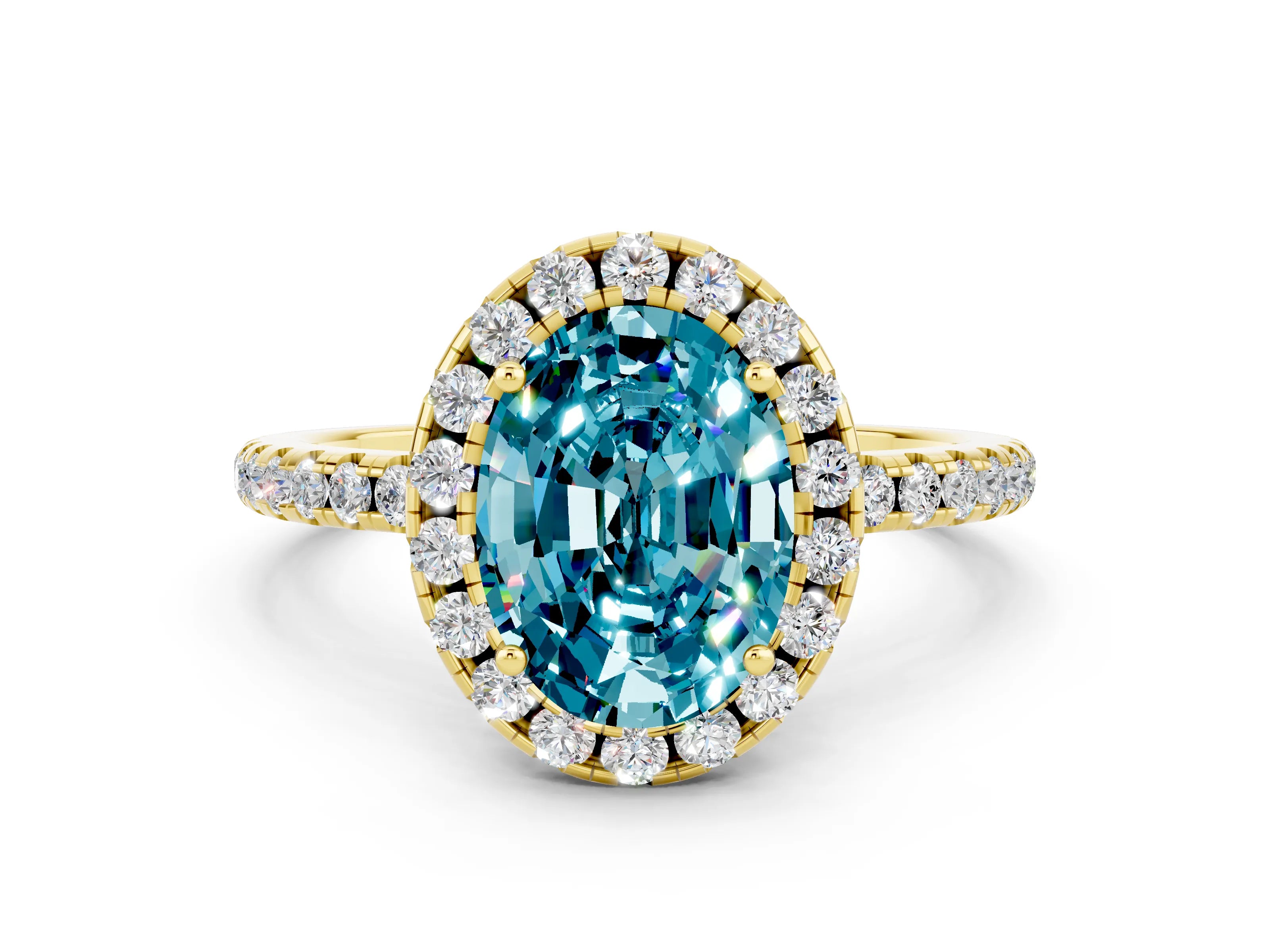 Yellow gold Oval Cut Cut Diamond Floral Halo Engagement Ring with Pavé Band and Prong Setting