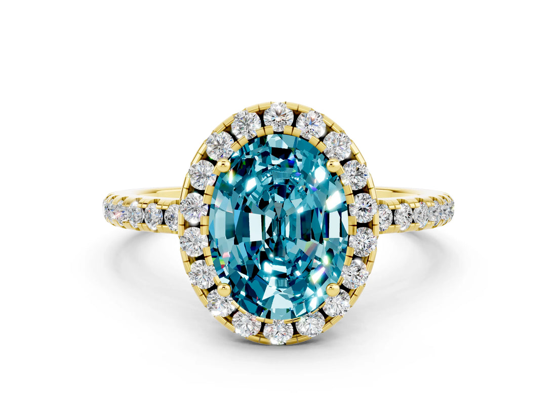 Yellow gold Oval Cut Cut Diamond Floral Halo Engagement Ring with Pavé Band and Prong Setting