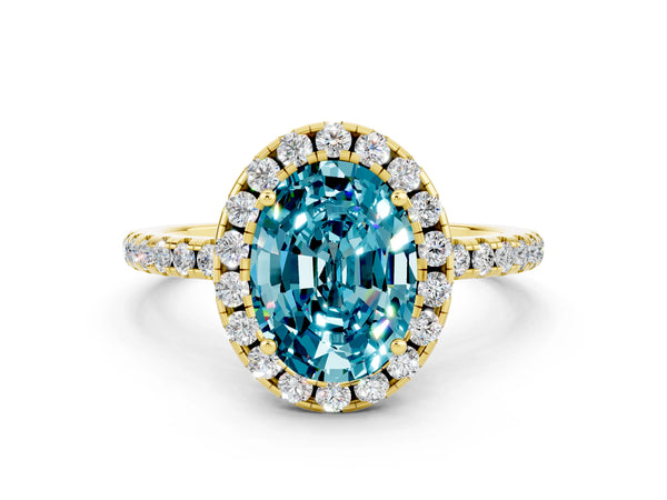 Yellow gold Oval Cut Cut Diamond Floral Halo Engagement Ring with Pavé Band and Prong Setting