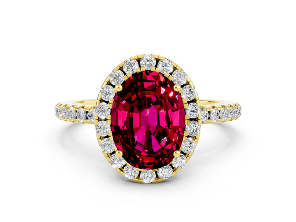 Yellow gold Oval Cut Garnet Halo Engagement Ring with Round Pavé Band and Prong Setting