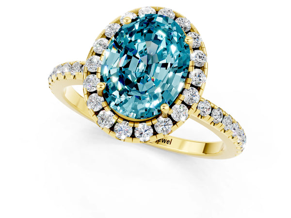 Yellow gold Oval Cut Cut Diamond Floral Halo Engagement Ring with Pavé Band and Prong Setting