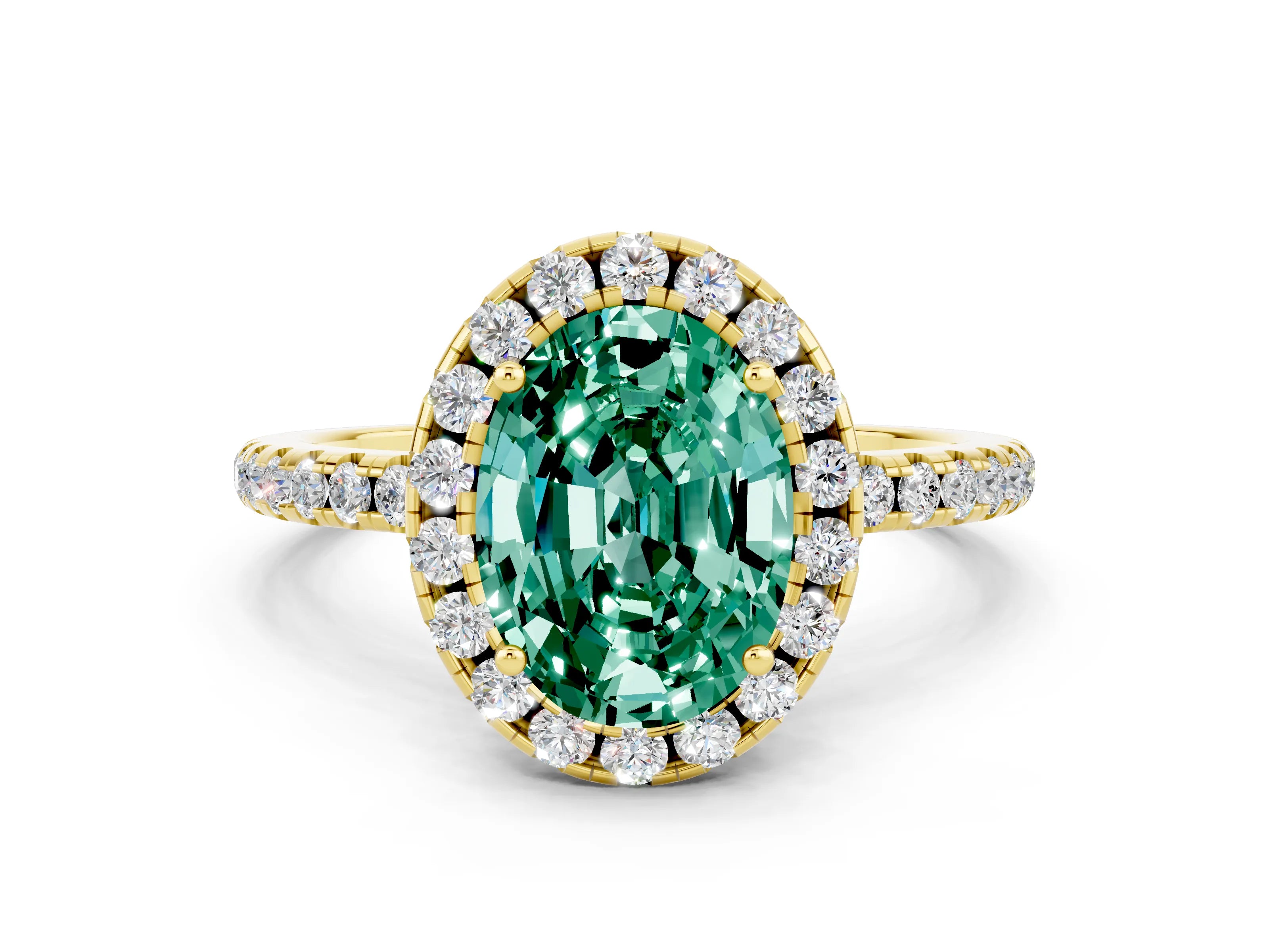 Yellow gold Oval Cut Cut Diamond Floral Halo Engagement Ring with Pavé Band and Prong Setting